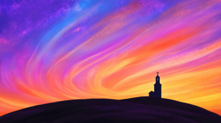 Experience the beauty of a vibrant sunset sky with bold colors swirling above a silhouetted church on a gentle hill, evoking peace and tranquility.の素材
