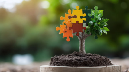 This conceptual image illustrates the idea of growth and teamwork through a tree adorned with colorful puzzle pieces, symbolizing unity in nature.の素材
