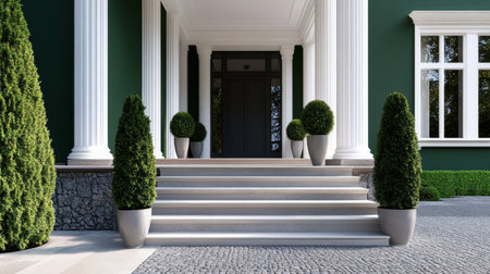 This striking entrance showcases marble steps leading to a grand door, framed by lush greenery and classic columns, providing a sophisticated allure.の素材