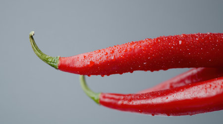 Two fresh red chili peppers are showcased with glistening water droplets on a soft gray background, perfect for culinary presentations and recipes.の素材