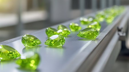 A stunning display of sparkling green gemstones arranged on a sleek surface, illuminated by soft lighting that accentuates their brilliance and clarity.の素材