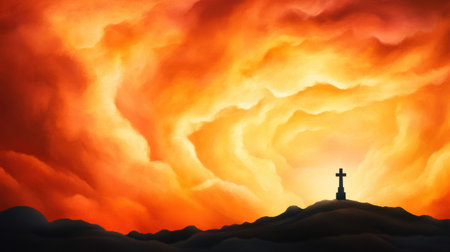 A striking scene featuring a silhouetted cross atop a hill against a vibrant sunset filled with swirling clouds. This artwork evokes feelings of serenity and spirituality.の素材