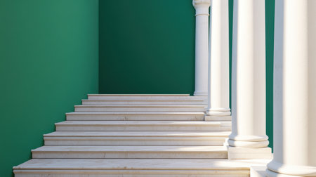 A visually striking image featuring a marble staircase with elegant white columns set against a vibrant green wall, capturing a blend of modern and classical design elements.の素材