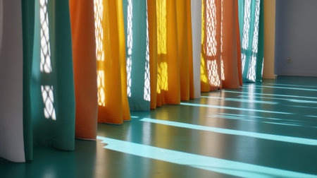Colorful drapes create a striking interplay of light and shadow on a vibrant floor, enhancing the serene atmosphere of the indoor space.の素材