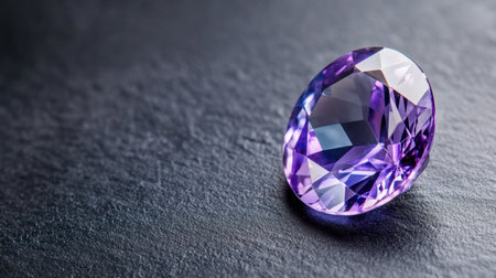 A mesmerizing close-up view of a faceted amethyst gemstone positioned on a dark textured surface, showcasing its vivid purple color and intricate cut, perfect for highlighting luxury and elegance in design.の素材