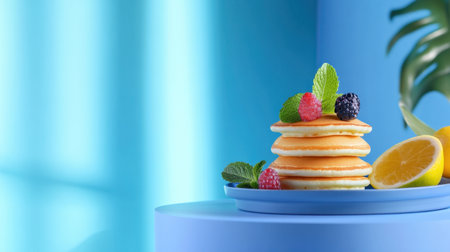 A visually appealing arrangement of fluffy pancakes garnished with fresh berries and mint, set against a bright blue background, perfect for breakfast or brunch.の素材