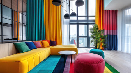 A vibrant living room showcases modern design with colorful curtains and stylish furniture. This space is ideal for relaxation and social gatherings.の素材