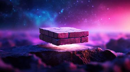This captivating image features a floating brick structure set against a vibrant cosmic background filled with stars. It evokes a sense of wonder and imagination, making it perfect for creative projects.の素材