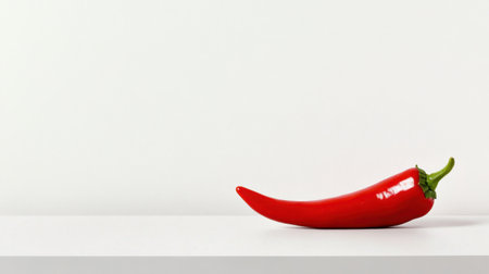 A striking red chili pepper resting on a clean white surface, showcasing minimalist aesthetics perfect for culinary art and food-related projects.の素材