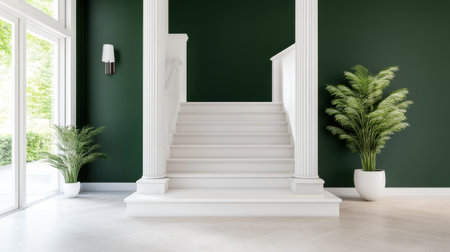 Bright and modern interior featuring elegant white stairs and a deep green accent wall complemented by lush plants, creating a serene atmosphere.の素材