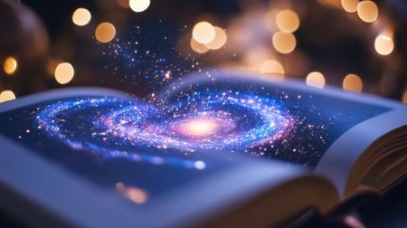 An enchanting open book reveals a swirling galaxy, filled with sparkles and lights, inspiring imagination and a sense of wonder in a magical setting.の素材