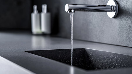 A stylish chrome faucet features graceful water flow into a refined black sink, showcasing minimalist elegance in a modern kitchen or bathroom setting.の素材