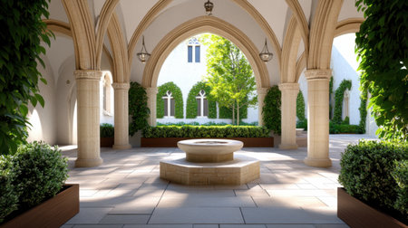 A captivating stone courtyard featuring elegant arches and lush greenery, ideal for relaxation and reflection. A central fountain adds serene ambiance.の素材