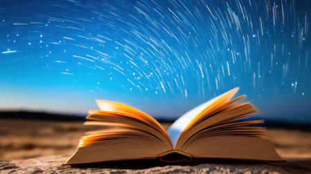 A captivating image of an open book against a mesmerizing star-filled sky, inviting viewers to explore the realms of imagination and knowledge.の素材