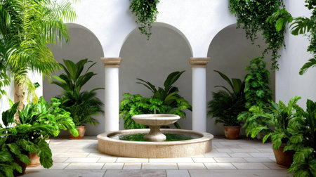 This captivating courtyard scene features a central fountain surrounded by verdant plants and elegant arches, creating a tranquil atmosphere perfect for relaxation.の素材