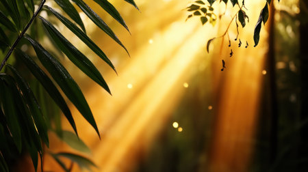A serene view of sunlight streaming through lush green foliage in a vibrant forest. The soft, glowing rays create a magical atmosphere, enhancing the natural beauty.の素材