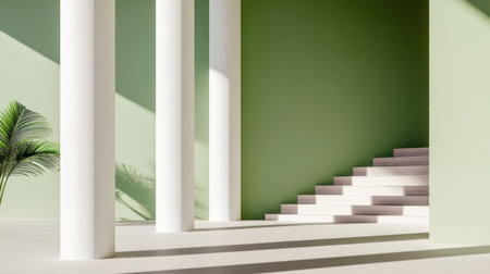 Explore a serene modern interior featuring white columns and a minimalist staircase against soothing green walls, complemented by natural light and indoor greenery.の素材