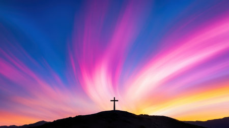 A breathtaking sunset sky filled with vibrant colors surrounds a cross silhouette on a hillside, creating a serene and spiritual atmosphere in nature.の素材