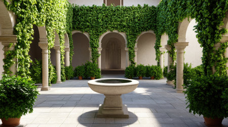A tranquil courtyard featuring a beautiful fountain surrounded by lush ivy and potted plants, creating a harmonious escape in an elegant setting.の素材
