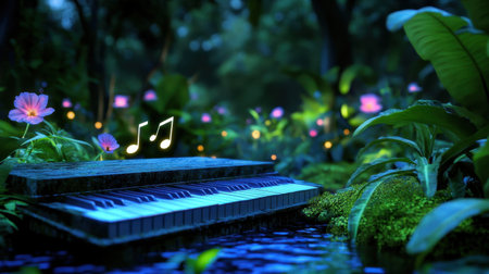 A captivating scene featuring a piano nestled in a vibrant forest, surrounded by colorful flowers and glowing musical notes. The serene atmosphere invites creativity and wonder.の素材