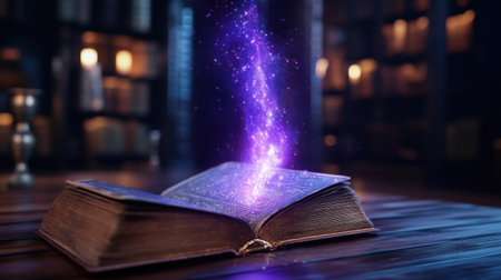 An enchanting open book radiates a magical purple glow, set against the backdrop of a shadowy library filled with mysterious shelves.の素材