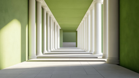 This image showcases a serene interior featuring white columns against a vibrant green wall. The play of light and shadow creates an inviting atmosphere, ideal for design inspiration.の素材