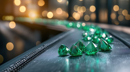 A stunning arrangement of emerald gemstones glistens on a metallic surface, showcasing their vibrant green hues against a dreamy bokeh backdrop.の素材
