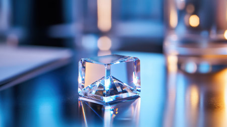 A stunning crystal prism rests on a reflective surface, illuminated by soft blue and orange lighting, creating an elegant and artistic composition.の素材
