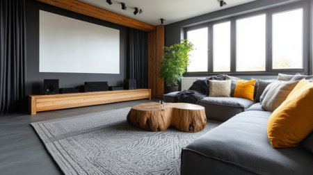This image features a modern home theater showcasing a cozy sofa, elegant wooden accents, and a stylish decorative atmosphere perfect for relaxation.の素材