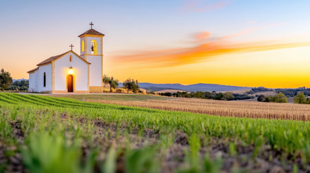 A tranquil scene showcasing a charming white church against a vibrant sunset. Lush green fields stretch towards rolling hills, creating a serene ambiance ideal for peaceful reflection.の素材