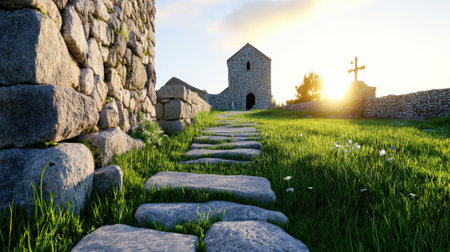 This captivating image features a scenic pathway leading to an ancient stone church, surrounded by lush green grass. The soft glow of sunrise casts a serene light, enhancing the tranquil rural landscape. Ideal for nature and travel themes.の素材