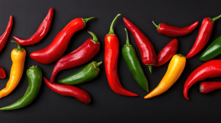 A vibrant and colorful assortment of fresh chili peppers displayed against a dark background, perfect for culinary inspiration and food presentations.の素材
