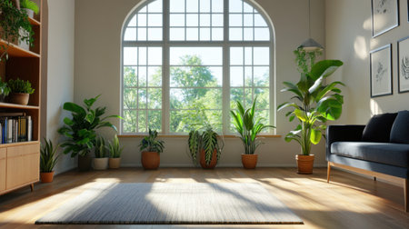 This bright and airy living room features large windows that invite natural light, showcasing modern dの素材