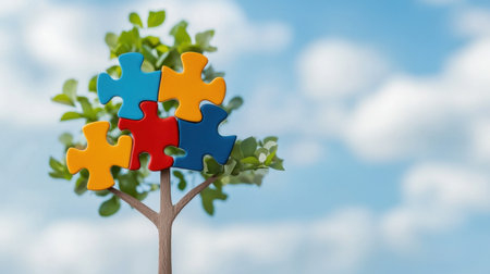 A whimsical image of a tree adorned with colorful puzzle pieces, representing growth and connection against a bright blue sky. Ideal for eco-themed projects.の素材