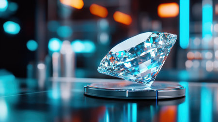 A beautifully cut clear diamond rests on a sleek round display, capturing light and reflections. The blurred vibrant background enhances its elegance and luxury appeal.の素材