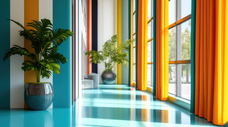 A stunning interior space characterized by vibrant colors, large windows, and lush plants. The bright atmosphere invites relaxation and creativity, perfect for modern living.の素材
