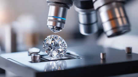 A high-resolution image showcasing a diamond placed on a microscope stage, magnified for detailed inspection. The setting highlights technology used for gemstone analysis.の素材