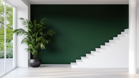 A serene modern interior featuring a rich green wall paired with an elegant white staircase, complemented by a lush indoor plant, creating a tranquil atmosphere.の素材