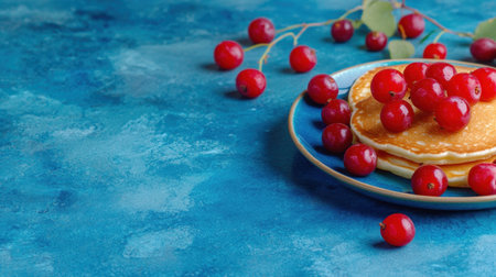 A stunning arrangement of fluffy pancakes topped with fresh red berries on a vibrant blue background, perfect for breakfast inspiration and delicious meals.の素材
