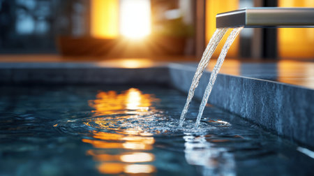A mesmerizing scene of water gracefully cascading from a spa fountain into a tranquil pool, reflecting the warm hues of a stunning sunset, creating a peaceful haven.の素材