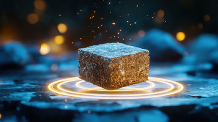 This captivating image features a sparkling cube resting on a mystical surface illuminated by soft glows, creating an enchanting atmosphere filled with energy and wonder.の素材