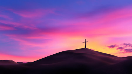 A stunning view of a desert landscape at dusk, featuring a prominent cross silhouette against a vibrant pink and purple sky, evoking feelings of peace and spirituality.の素材