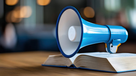 A vibrant blue megaphone rests on an open book, symbolizing the power of communication in education and knowledge sharing. This image captures the essence of engagement and meaningful dialogue, encouraging audiences to express ideas clearly. Perfect for themes related to education, public speaking, and storytelling.の素材