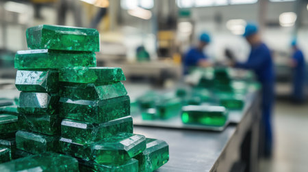 A vibrant array of green soap bars showcases the craftsmanship behind soap production in a busy manufacturing facility, highlighting hygiene and quality.の素材