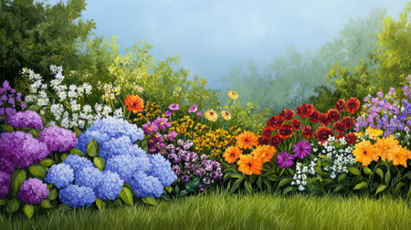 A vibrant garden scene showcasing a variety of colorful flowers nestled in lush greenery, perfect for illustrating nature's beauty and tranquility.の素材