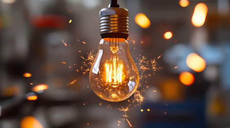 A bright incandescent light bulb emits a warm glow, creating a captivating scene filled with sparks against a softly blurred industrial backdrop.の素材
