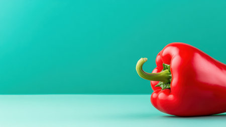 This image features a vibrant red bell pepper resting on a turquoise background, symbolizing freshness and healthy eating. Ideal for food-related themes.の素材