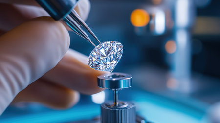 A jeweler carefully examines a stunning diamond using precise tools in a well-lit laboratory environment, showcasing intricate craftsmanship and value.の素材