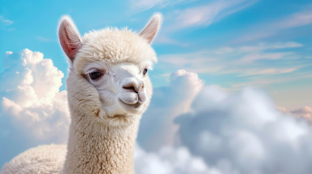 A delightful portrait of a charming alpaca with fluffy white fur, gazing against a serene sky filled with soft clouds and gentle hues, capturing tranquility.の素材