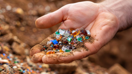 A close-up view of a hand holding a mix of colorful gemstones and crystals, surrounded by soil in an outdoor setting. The image captures the beauty and variety of natural minerals.の素材